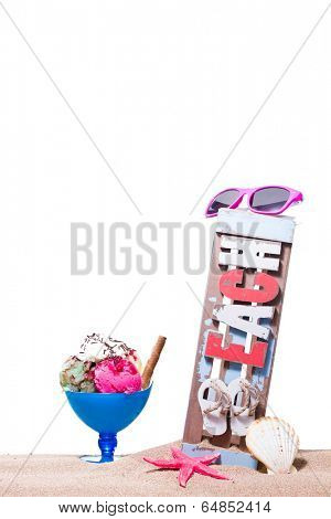Gourmet tropical icecream dessert served alongside a sunny summer beach in an elegant dish
