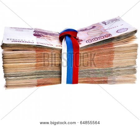 Heap of One Million Banknotes Rubles of the Russian Federation wrapping Ribbon flag tape - isolated on white background