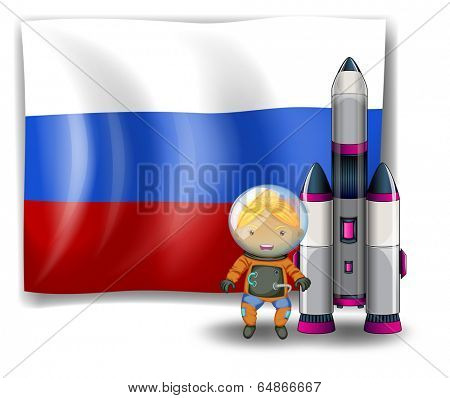 Illustration of a Russian flag with an explorer beside a rocket on a white background
