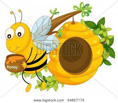Illustration of a bee holding a pot of honey near the beehive on a white background