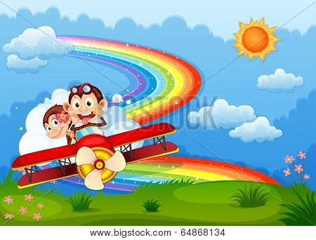 Illustration of a plane with two boastful monkeys and a rainbow in the sky