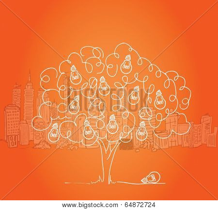 Light bulb tree with cityscape in background