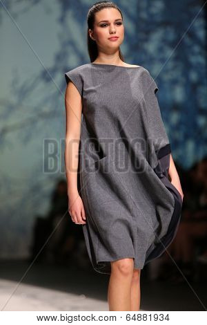 ZAGREB, CROATIA - MAY 09: Fashion model wearing clothes designed by Iva Karacic on the Zagreb Fashion Week on May 09, 2014 in Zagreb, Croatia.