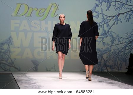 ZAGREB, CROATIA - MAY 09: Fashion model wearing clothes designed by Iva Karacic on the Zagreb Fashion Week on May 09, 2014 in Zagreb, Croatia.