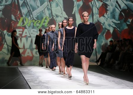 ZAGREB, CROATIA - MAY 09: Fashion model wearing clothes designed by Iva Karacic on the Zagreb Fashion Week on May 09, 2014 in Zagreb, Croatia.
