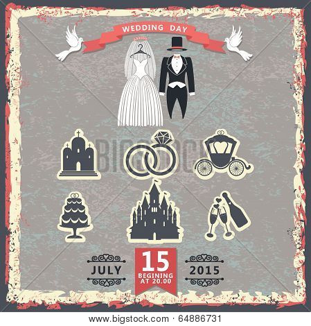 Vintage Invitation With Wedding Clothes And Wedding Icons