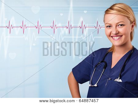 Pretty young medical doktor listening to red pulse and heart rates