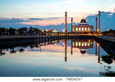 Central mosque with reflection at dusk, Songkhla, Thailand