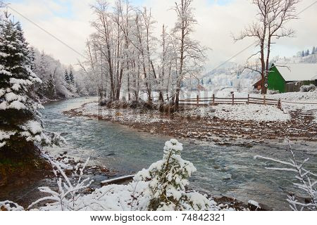 Winter landscape in the Carpathian Mountains. Vorokhta, Ukraine