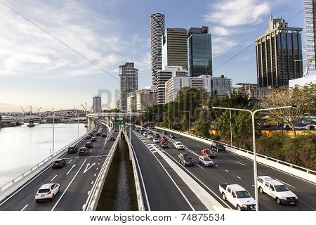 Brisbane Cityscape traffic by the Brisbane River