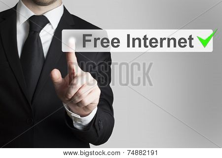 Businessman Pushing Flat Button Free Internet Green Checked