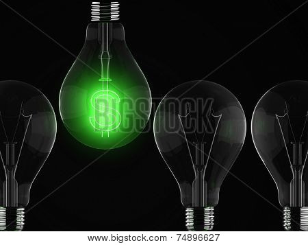 Green dollar sign illuminated in row of light bulbs against black background