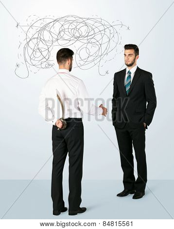 Ruthless businessman hiding a weapon and weaving plan around his head 