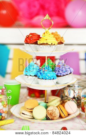 Prepared birthday table with sweets for children party