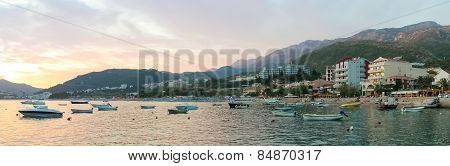 Montenegro, Rafailovici. Sunset view on sea beach