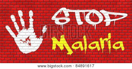 stop malaria by prevention treatment with pills or mosquito nets good diagnosis for symptoms and insect repellent and net avoids bite and infection with parasite graffiti on red brick wall