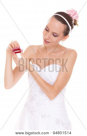 Excited Bride Woman Opening Engagement Ring Box.
