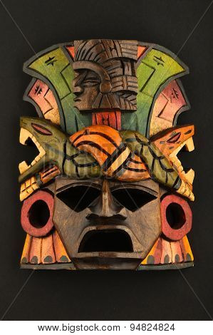 Indian Mayan Aztec Wooden Carved Painted Mask Isolated On Black