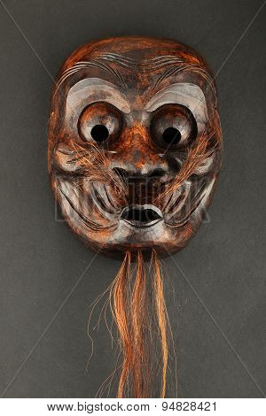 Japanese Wooden Carved Theater Face Mask Isolated On Black
