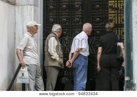 Pensioners Queue Outside A National Bank Branch As Banks Only Opened For The Retired To Allow Them T