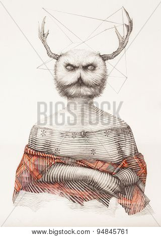 Surreal Hand Drawing Of A Lady Owl, Decorative Artwork