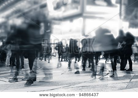 People Moving In Crowded Night City Street. Hong Kong