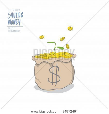Young Plant On A Pile Of Coins In The Bag And Coins Falling To The Bag. Drawing Paint Flat Vector.