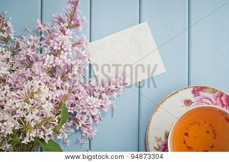 Summer Bouquet Of Gentle Blooming Lilac With Card And Tea