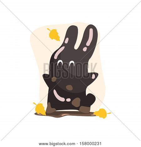 Black Tar Jelly Rabbit Shape Monster Smiling Under Falling Yellow Leaves Outdoors In Autumn Season. Part Of Autumn Fantastic Animal Creatures Set Of Funny Cartoon Vector Illustrations