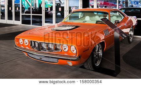 LAS VEGAS NV/USA - OCTOBER 31 2016: Customized 1971 Plymouth Cuda car at the Specialty Equipment Market Association (SEMA) 50th Anniversary auto trade show. Builder: Manns Restoration