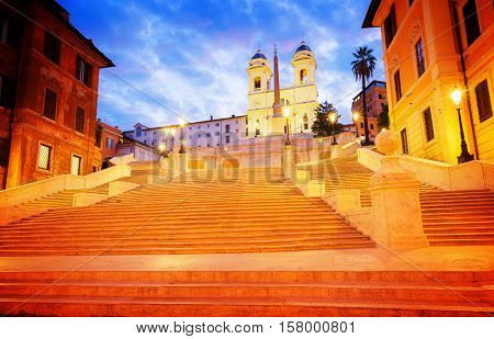 Spanish Steps illuminated at night, Rome, Italy, retro toned