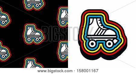 Eighties roller skate icon with colorful frame and a matching seamless background pattern on black for print and textile vector illustration