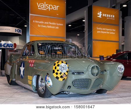 LAS VEGAS NV/USA - OCTOBER 31 2016: Customized 1950 Studebaker car at the Specialty Equipment Market Association (SEMA) 50th Anniversary auto trade show. Name: Memphis Belle Builder: Anton's Hot Rod Shop Booth: Valspar