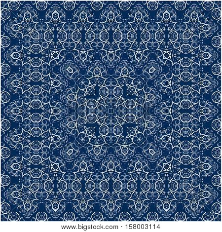 Square white pattern on a blue background. Decorative ornament to the handkerchief. Vector illustration.