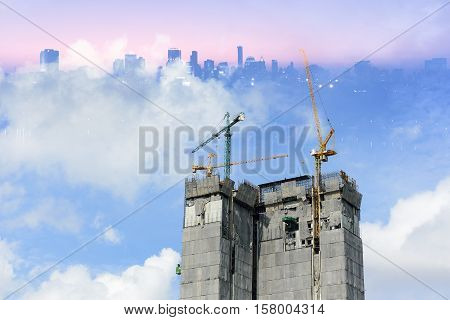Abstract scene of the under construction building with the crane and the city building background