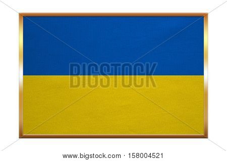 Ukrainian national official flag. Patriotic symbol banner element background. Correct colors. Flag of Ukraine golden frame fabric texture illustration. Accurate size color