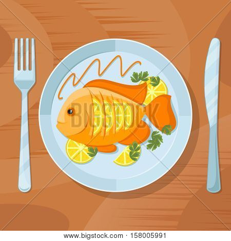 Fresh fish healthy dinner. Fish delicious dish vector illustration. Tasty fish on plate with fork and knife