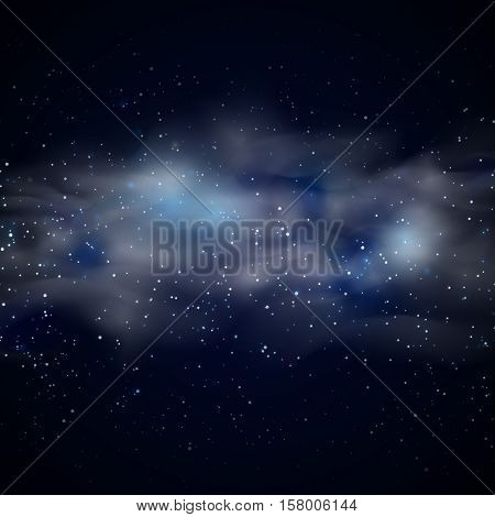 Cosmic space black sky background with blue stars nebula at night vector illustration. Transparent nebula in space and fogginess nebula in unexplored galaxy