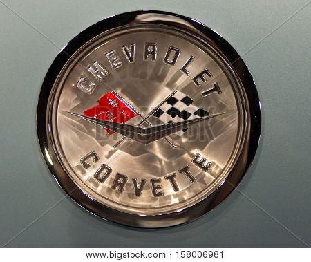 LAS VEGAS NV/USA - NOVEMBER 2 2016: Close-up of a Chevrolet Corvette emblem at the Specialty Equipment Market Association (SEMA) 50th Anniversary auto trade show.