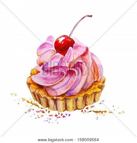 Watercolor cheesecake dessert. Isolated food illustration on white background