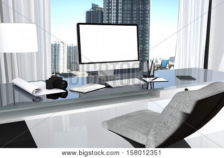 3D Rendering : Illustration Close Up Of Creative Designer Office Desktop With Blank Computer,keyboar