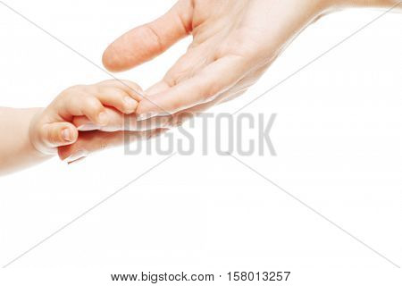 Baby's and mother's hands. Close-up. Copy space. Isolated over white background. 