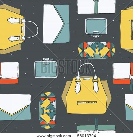 Seamless vector illustration with cute yellow purple and grey handbags and clutches in fashion stylish pattern. Hand drawn background drawn with imperfections on dark grey dotted background