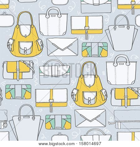Seamless vector illustration with cute yellow and grey handbags and clutches in fashion stylish pattern. Hand drawn background drawn with imperfections on grey background