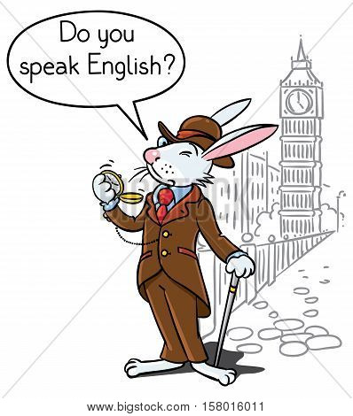Kids vector illustration of funny rabbit in glasses, jacket, hat and pants with watch and walking cane. On background of Big Ben and London cityscape. Includes balloon with text Do You Speak English