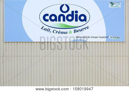Clermont, France - June 23, 2016: Candia logo on a wall. Candia is a French dairy brand founded in 1971 and belonging to the dairy cooperative group Sodiaal