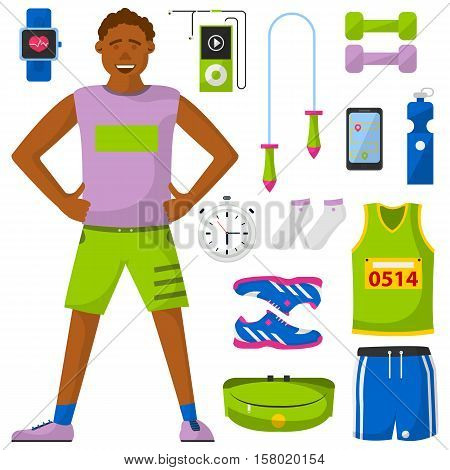 Runner and run equipment set. All for running collection. Vector flat illustration. Isolared on white.