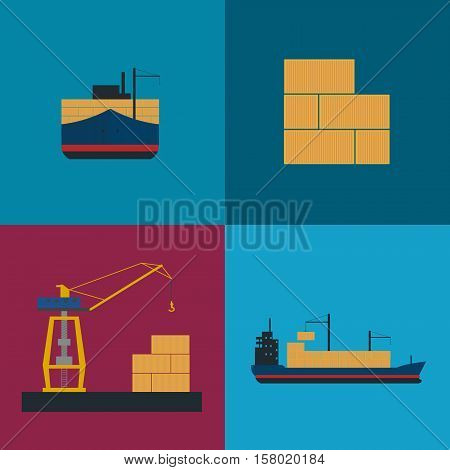 Maritime freight shipping icon set isolated vector illustration. Freight crane loading cargo vessel. Industrial freight harbor, container terminal, worldwide logistics and delivery shipping concept