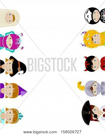 Cute kids in fancy dresses, cartoon vector illustration, vertical borders.
