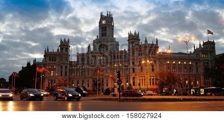 Morning Cityscape of builging and square in Madrid Spain